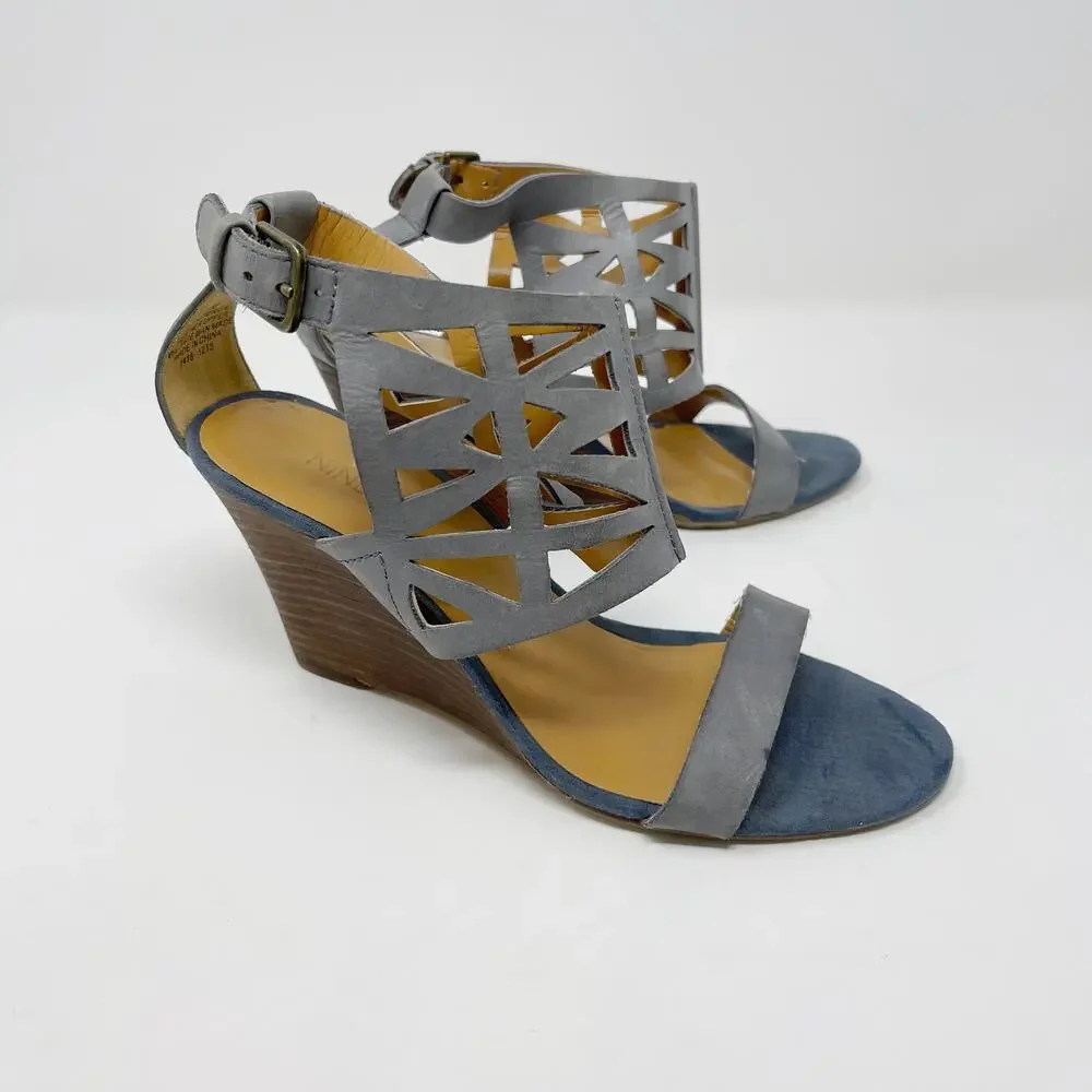 Nine West 5.5 Gray Blue Federica Wedge Sandals Leather Lasercut Details Open Toe